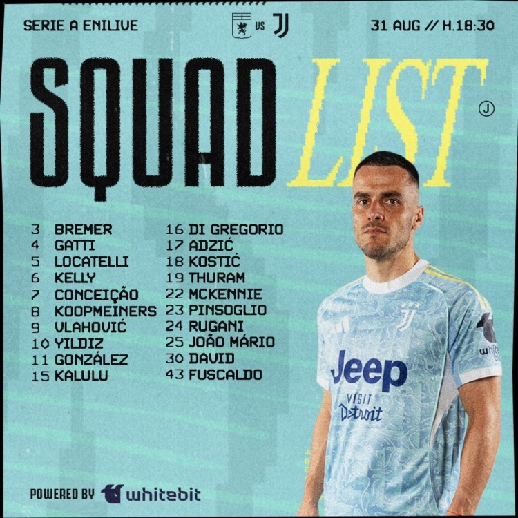 开云集团官网香港-尤文本轮名单:布雷默统领防线,伊尔迪兹冲锋在前,弗拉霍维奇在列